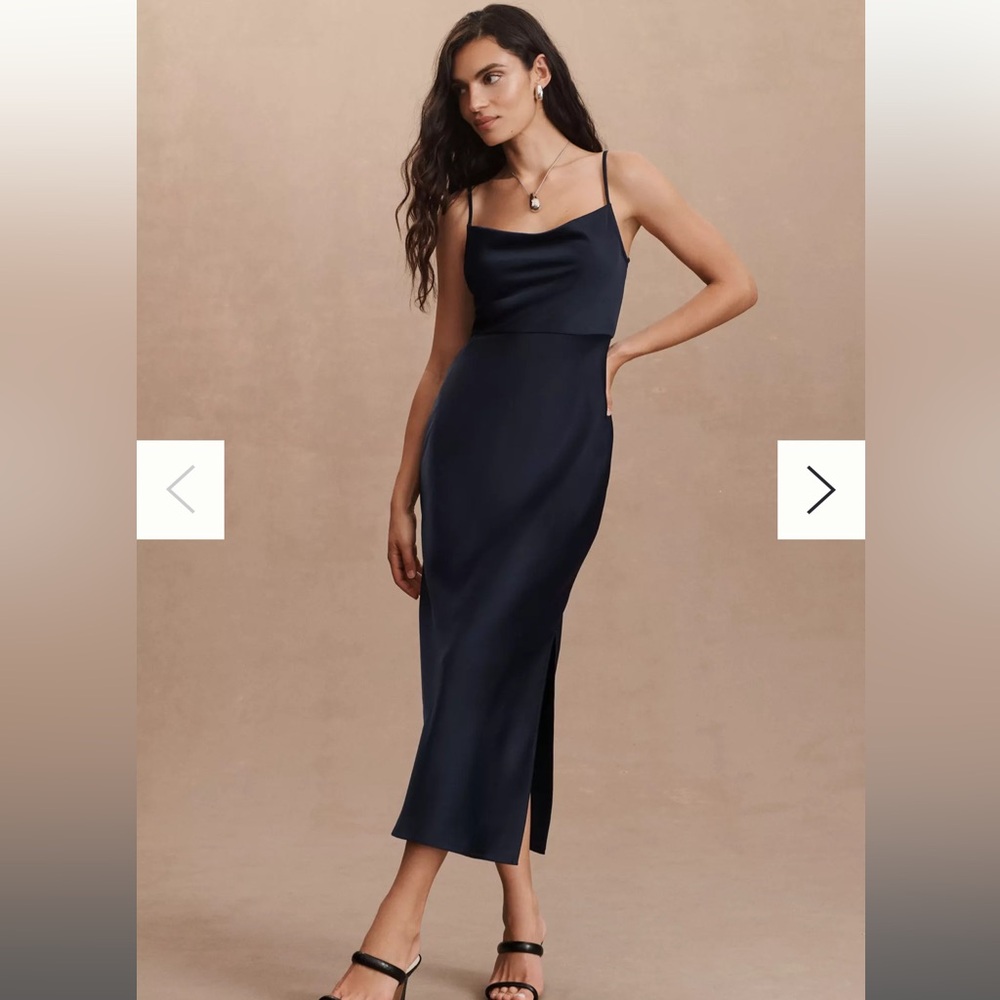BHLDN Cali Satin Cowl-Neck Midi Slip Dress - Navy Blue